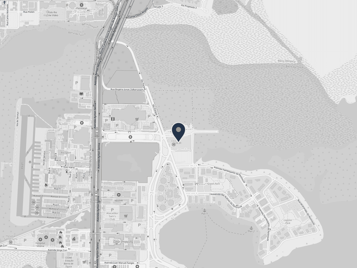 Mapa com a localização do escritório no CEO Office, junto à Via Parque, na Barra da Tijuca